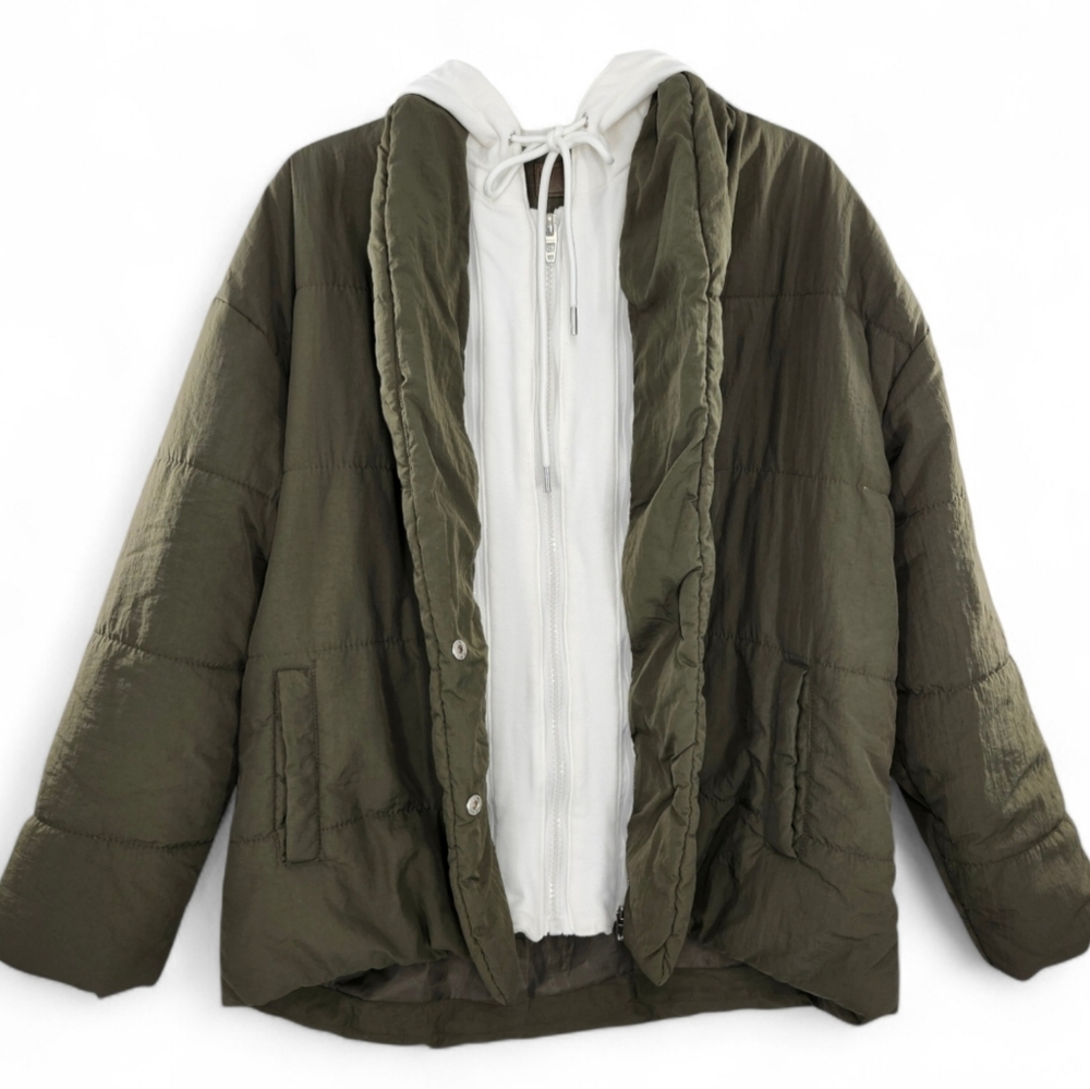 Blank NYC Fair Shake Olive Green Puffer Jacket White Cotton Removeable Hoodie - Picture 4 of 14